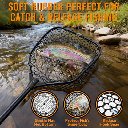 Dovesun Rubber Fishing Landing Nets Telescopic Handle Nets Folding Nets with Collapsible Handle for Catch & Release Fishing Gift 17.6" dia-13.7" Depth Black/Orange - color: Black