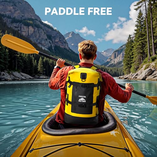 HEETA Dry Bags Waterproof Backpack 40L for Men & Women, Roll Top Heavy Duty Cushioned Hiking Backpack for Kayaking Boating Paddle Boarding Fishing Travel Camping Beach Vacation Cruise Ship Essentials - color: Yellow