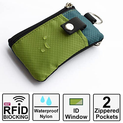 CHENSPRX Minimalist RFID Blocking Small Wallet with ID Window,WaterResistant Zip Id Case Wallet with Lanyard Keychain for Cards,Cash,Travel,Women,Men - color: GreenOnion+DarkGreen