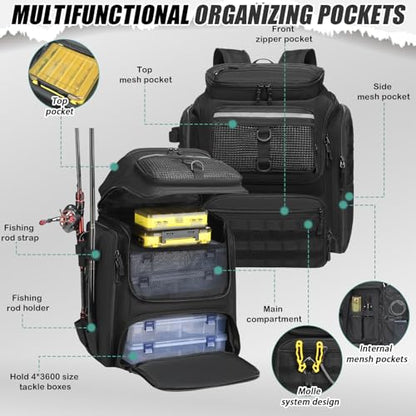 HAMBOLY Fishing Backpack 45L with Rod Holders, Water-Resistant Tackle Backpack for Fishermen, Large Capacity Fishing Gear Bag for Travel Hiking Camping - color: Black (4 Tackle Boxes Included)