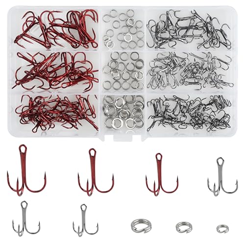 Fishing Treble Hooks Kit,190pcs High Carbon Steel Strong Sharp Treble Hooks Round Bend with Split Rings Triple Hook for Lures Baits Saltwater Freshwater Fishing Gear - color: Red Mixed
