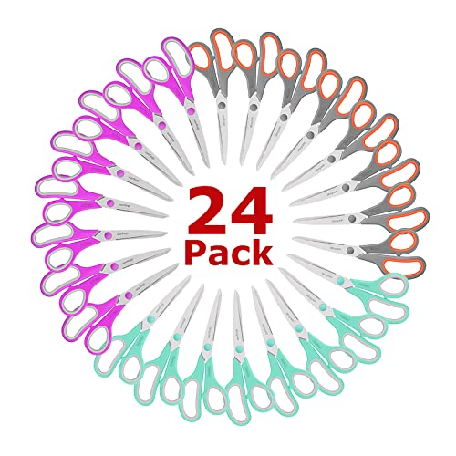 iBayam 24-Pack 8" Heavy Duty Scissors in Bulk, Ultra-Sharp, Comfort Grip | 2.5mm Ultra-Sharp Stainless Steel Blades, 100,000+ Cuts, Comfort-Grip Handles, Ambidextrous, Multipurpose — 24-Pack, 3 Colors - color: Mint, Grey, Purple, size: 24-Pack