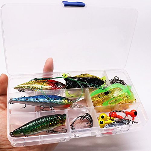 Fishing Lure Set Fishing Spoons Frog Lures Soft Hard Metal Lure Crank Popper Minnow Pencil Jig Hook for Trout Bass Salmon with Tackle Box - color: 53PCS Lures