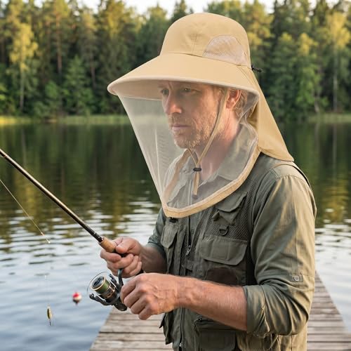 Mosquito Fishing Safari Mesh Net Hat with Neck Flap, Sun Protection Women Men Bug Cap, Hidden Netting Boonie - color: Beige