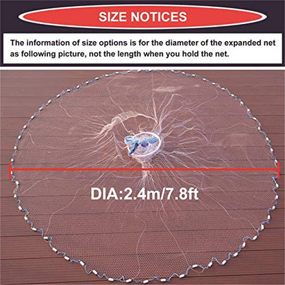 Cast Fishing Net with Aluminum Frame, 0.8 inch Mesh, 7.8-13.8 ft Diameter - color: White, size: Dia: 7.8FT (metal sinker)