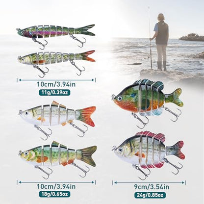 Goture Bass Fishing Lures, Lifelike Jointed Swimbait for Bass Trout Walleye Crappie Pike, Slow Sinking Segment Swimming Bait Fishing Lures for Freshwater and Saltwater, Gifts for Men - color: E1:6pcs Bass Lures with 20pcs Snaps