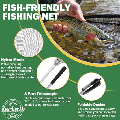 Fishing Net, Fishing Landing Net with Pole Handle, Collapsible Telescopic Fishing Gear Net, Extends to 21-51Inches Landing Net, Fishing Net, Butterfly Nets for Kids Women Men - style: 21" Full Extended（fixed Handle）