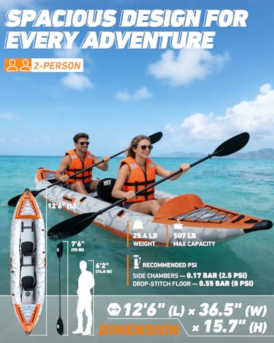 2 Person Inflatable Kayak Tandem Fishing Kayak for Adults, Portable Touring Kayak Canoe with Dual Floats, Drop-Stitch Floor and Fish Measuring Ruler, 12.5 FT - style: Standard