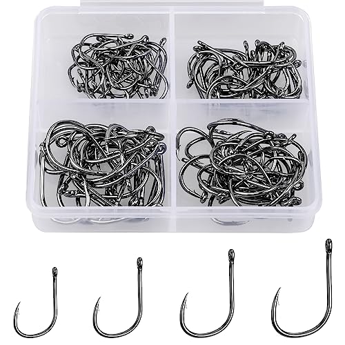500PCS/100PCS ReeMoo Premium Fishing Hooks, 10 Sizes/4 Sizes Carbon Steel Fishing Hooks W/Portable Plastic Box, Strong Sharp Fish Hook with Barbs for Freshwater/Seawater - style: 100pcs