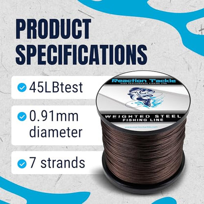 Reaction Tackle Weighted Stainless Steel Trolling Line - 45 Lb Marine Grade Single Strand Wire for Deep Trolling, Diving Disks and Toothy Saltwater and Freshwater Fish - size: 45 Lb / 300 Foot