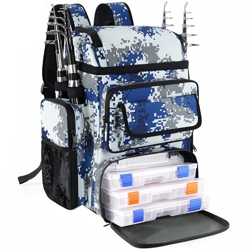 Fishing Tackle Backpack With Rod Holders,45L Large Tackle Bag & Fishing Tackle Backpack for Fishing,Camping, Hiking,Camouflage Blue - color: Camouflage Blue
