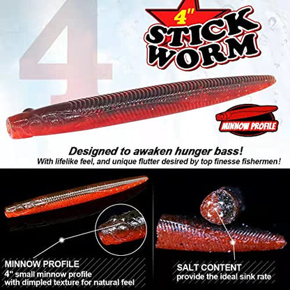 Ned-Rig-Kit-Finesse-Baits-Soft-Plastic-Worms-Fising-Lure for Bass Stick Swimbait Minnow Crawfish Lures Shroom Ned Jig Head Kit - color: 35-Piece 4'' #01 Stick Worms Ned Rig Kit