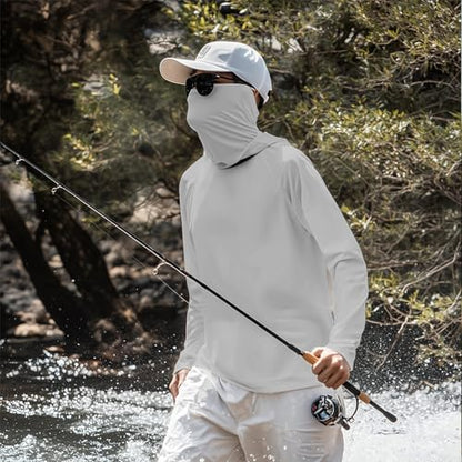 Men's UPF 50+ Sun Protection Hooded Shirt with Integrated Face Cover Long Sleeve Lightweight Rash Guard Shirts - color: C201- Gray, size: Medium