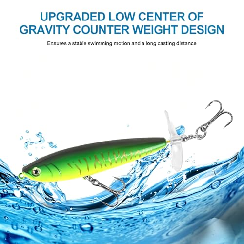 Whopper Fishing Lure for Bass：Popper Top Water Fishing Lures with Floating Rotating Tail Barb Treble Hooks Saltwater Freshwater Plopping Lures Kit - color: Blue Green
