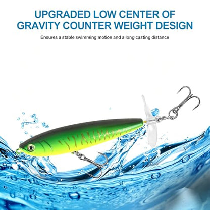 Whopper Fishing Lure for Bass：Popper Top Water Fishing Lures with Floating Rotating Tail Barb Treble Hooks Saltwater Freshwater Plopping Lures Kit - color: Blue Green