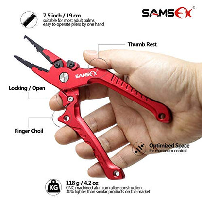 SAMSFX Aluminum Fishing Pliers Hook Remover Braid Line Cutter with Coiled Lanyard, Fly Fishing Knot Tying Tool & Retractors - color: 7'' Split Ring Nose, Red Handle
