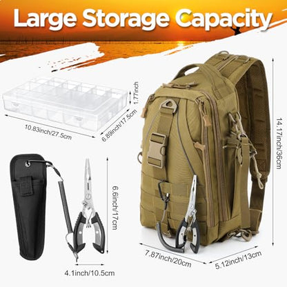 RoundFunny 85 Pcs Fishing Backpack with Tackle Boxes, Tackle Sling Bag with Rod Holder, Fish Lures and Pliers, Fish Tools Gears & Equipment Father's Day Fishing Gift for Dad Men - color: Khaki
