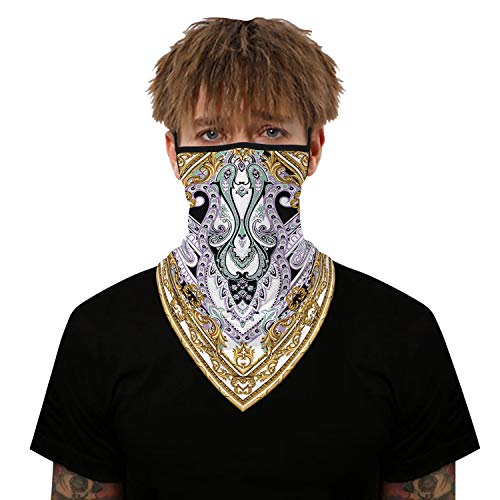 YAYOUREL Neck Gaiter Face Mask Bandanas for Men Women UV Face Scarf Cover Ear Loop Hole Facemask for Fishing Running Cycling - color: Gold White Purple
