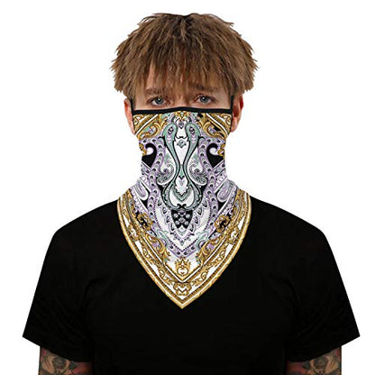 YAYOUREL Neck Gaiter Face Mask Bandanas for Men Women UV Face Scarf Cover Ear Loop Hole Facemask for Fishing Running Cycling - color: Gold White Purple
