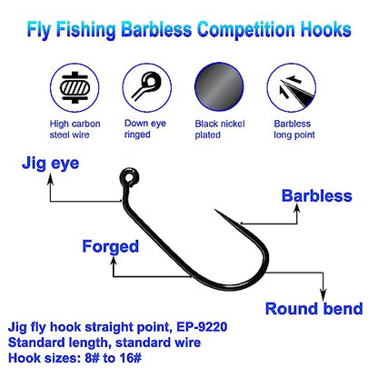 Eupheng 100pcs Plus Best Barbless Competition Fly Fishing Hook Collection, Dry Nymph Strimp&Pupa, Pupa jig Fly Hooks High Carbon Competition Hook - color: Jig Fly Hook Straight Point EP-9220, size: 12#