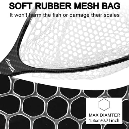 Aventik Fly Floating Fishing Net Carbon Fiber Landing Trout Net Light Weight Clear Rubber Ghost Net Catch & Release - color: Standard Black with Black magnetic release