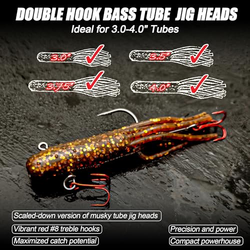 30/20/10 Pcs Tube Jig Heads for Bass Fishing, Tube Bait Worm Hooks rigs for Freshwater Saltwater, 5/16oz, 1/4oz, 3/16oz, 1/8oz - color: A1-5/16oz(10 Pcs Tube Jigs + 20 Pcs #8 Red Triple Hooks)