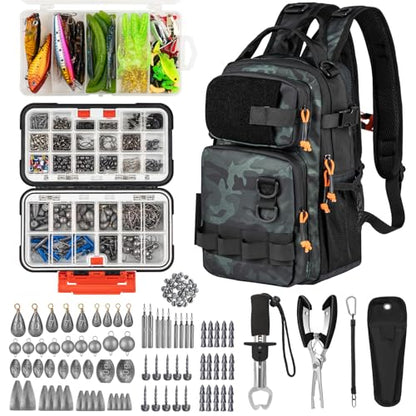 THKFISH Fishing Tool Kit, Backpack and Tackle Box with Tackle Included Lures Hooks Sinkers Accessories Kit,Pliers, Fish Lip Gripper, Fishing Gear and Fishing Gift for Men - color: Camo-462pcs