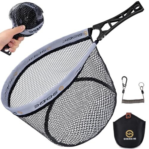 THKFISH Fly Fishing Landing Net, Foldable Landing Trout Net with ABS Handle,Rubber Coated Mesh Trout Net with Tackle Bag for Trout Bass Catch and Release, Portable Fly Fishing Gear,M/L - size: M-GREY