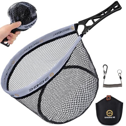 THKFISH Fly Fishing Landing Net, Foldable Landing Trout Net with ABS Handle,Rubber Coated Mesh Trout Net with Tackle Bag for Trout Bass Catch and Release, Portable Fly Fishing Gear,M/L - size: M-GREY