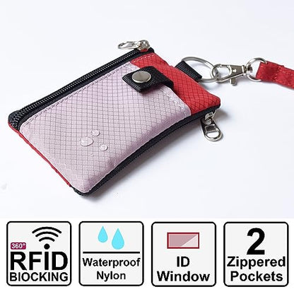 CHENSPRX Minimalist RFID Blocking Small Wallet with ID Window,WaterResistant Zip Id Case Wallet with Lanyard Keychain for Cards,Cash,Travel,Women,Men - color: LightPurple+Red