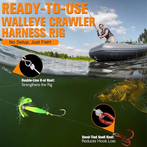 Dovesun Crawler Harness Walleye Rigs with Dual-Wing Blade, Float Walleye Spinner Rig for Slow Trolling (0.25 mph), Fluorocarbon Worm Harness, 2 Hook Walleye Fishing Rigs, 7 Pack - size: #4 Baitholder + #8 Treble Hook