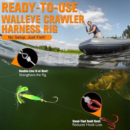 Dovesun Crawler Harness Walleye Rigs with Dual-Wing Blade, Float Walleye Spinner Rig for Slow Trolling (0.25 mph), Fluorocarbon Worm Harness, 2 Hook Walleye Fishing Rigs, 7 Pack - size: #4 Baitholder + #8 Treble Hook
