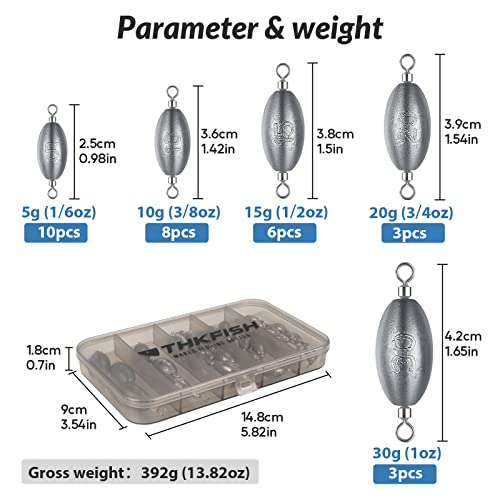 THKFISH Fishing Weights Inline Weights Trolling Sinkers Swivel Weights Quick Set Up Lead Fishing Sinker with Inner Swivel - size: 30pcs-Mixed Weight