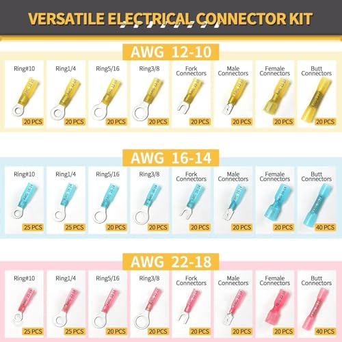 540PCS Marine Grade Heat Shrink Wire Connectors - Sopoby Electrical Connectors Kit of Tinned Red Copper, AWG 22-10 Waterproof Crimp connectors terminals Insulated Ring Fork Spade Butt Splices