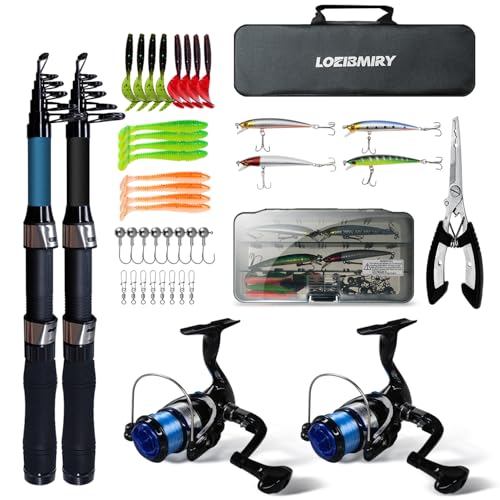 2 Pack 2.1m/6.89ft Telescopic Spinning Fishing Rod Reel Combos with Carrier Bag, Lures, Pliers for Saltwater Freshwater Fishing