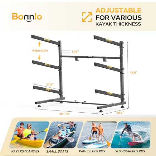 Bonnlo Kayak Storage Rack, Adjustable Heavy Duty Kayak Rack for Kayaks Paddle Boards, Kayak Paddle Holder for Garage, Spacesaver, Gentle on Padding, Boat Organizer - style: 3 Kayaks, Free Standing