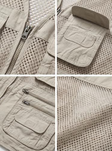 Men's Fishing Vest Multi-Pockets Unisex Mesh Utility Summer Vest for Hiking, Travel, Safari Waistcoat Jacket - color: Beige, size: X-Large
