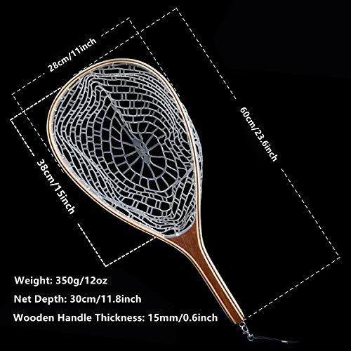 Fly Fishing Landing Net with Wood Handle Wooden Frame Soft Rubber Mesh or Waterproof Nylon Mesh Nets with Magnetic Release for Trout Bass Fish Catch and Release - color: Rubber Net with Magnetic Release