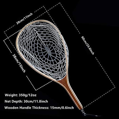 Fly Fishing Landing Net with Wood Handle Wooden Frame Soft Rubber Mesh or Waterproof Nylon Mesh Nets with Magnetic Release for Trout Bass Fish Catch and Release - color: Rubber Net with Magnetic Release