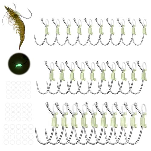 KANAMA Luminous Live Shrimp Hooks - High Carbon Steel Fishing Hooks Saltwater Corrosion Resistant Barbed Strong Hooks Freshwater Shrimp Walker, Ideal for Bass, Groupers, Pike, Catfish & More - size: (S+M+L) ×10