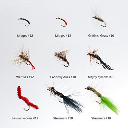BASSDASH Fly Fishing Flies Kit Fly Assortment Trout Bass Fishing with Fly Box with Dry/Wet Flies, Nymphs, Streamers, Popper - style: 72 Pcs Assorted Flies Kit