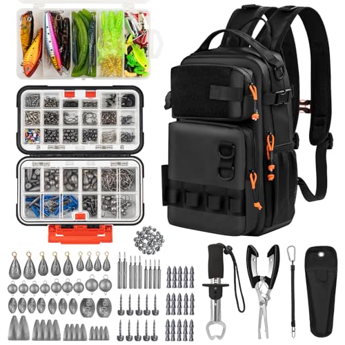 THKFISH Fishing Tool Kit, Backpack and Tackle Box with Tackle Included Lures Hooks Sinkers Accessories Kit,Pliers, Fish Lip Gripper, Fishing Gear and Fishing Gift for Men - color: Black-462pcs