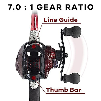 FISHDROPS Baitcaster Reels, 9+1BB, CNC Aluminum Spool, Magnetic Brake System Bait Caster Reel High Speed Gear Ratio 7.0:1 Ultra Smooth Low Profile Baitcasting Fishing Reel - color: Left - Carbon Red