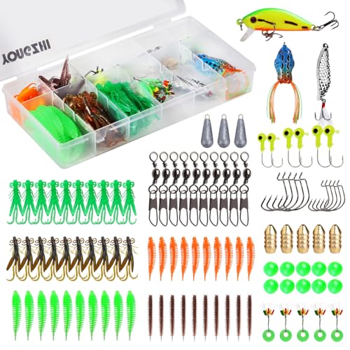 Fishing Lures Kit,Bass Fishing Tackle Set Including Soft Baits Jig Heads Hooks Weights, Complete Freshwater Lure Kit for Bass Trout Walleye Panfish