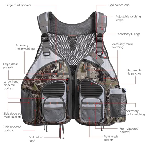 BASSDASH Strap Fishing Vest Adjustable for Men and Women, for Fly Bass Fishing and Outdoor Activities - color: Grunge Camo