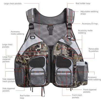BASSDASH Strap Fishing Vest Adjustable for Men and Women, for Fly Bass Fishing and Outdoor Activities - color: Grunge Camo