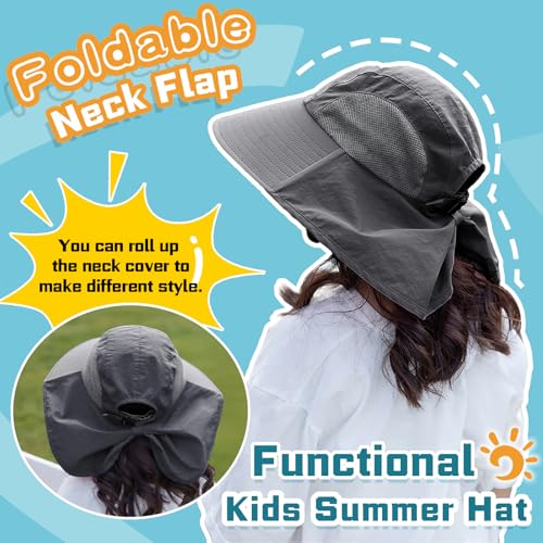 Rosoz Kids Sun Hat with Neck Flap UV Protection Summer Toddler Beach Hat Unisex Ponytail Hat Wide Brim Fishing Hat - color: 2pack-blue+dark Grey