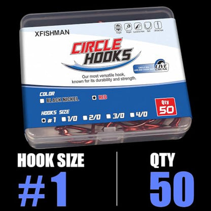 XFISHMAN Circle-Hooks-Fishing-Equipment-Octopus-Hooks-Saltwater-50 Pack #1 –12/0 - color: Red, size: Size:1 50-Pack