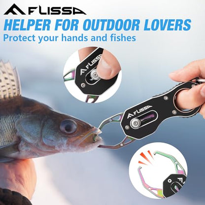 FLISSA Fish Gripper, Fish Lip Grip Tool with Carabiner and Spring Anti-Lost Rope, Durable Stainless Steel Fish Grabber Gripper, Lightweight Holder for Fishing, Corrosion Resistant & Portable