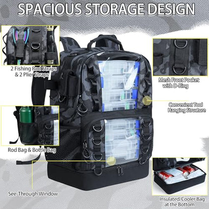 Fishing Tackle Backpack with Cooler,45L Large Tackle Bag with 2 Rod Holders & Clear Window,Outdoor Fishing Backpack for Fishing,Camping,Hiking,Camouflage Black - color: Camouflage Black